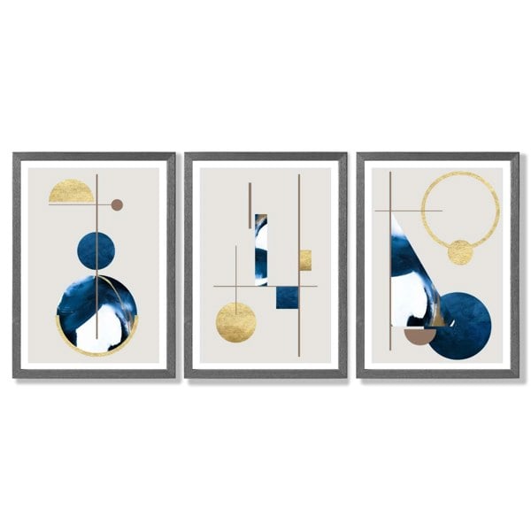 Artze Wall Art Abstract Set of 3 Textured Geometric Framed Prints in Navy Blue and Gold