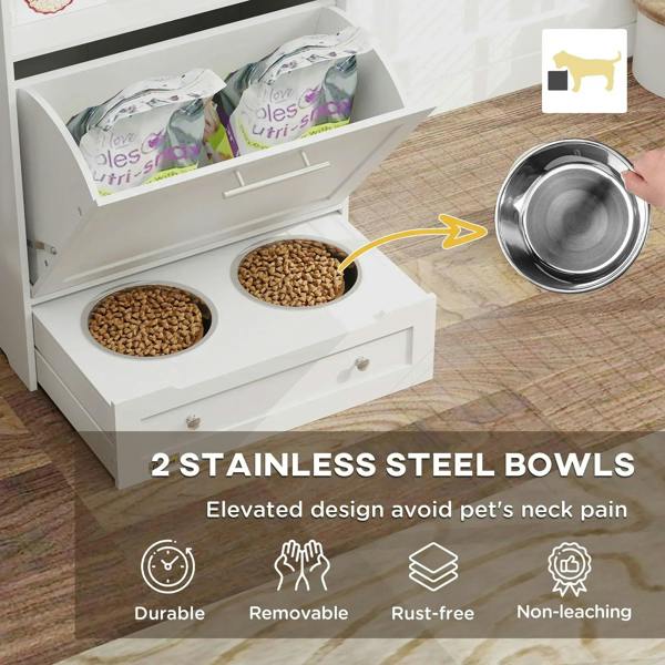 White pet feeder station with open compartment and raised stainless steel food bowls.