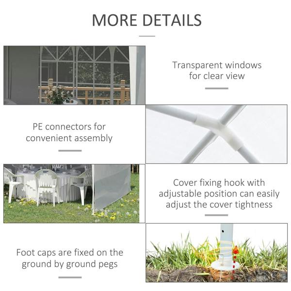 Gazebo tent detail: transparent window panels, PE connectors, adjustable cover hooks, pegs