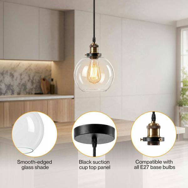 Emitto 2PCS Ceiling Pendant Light Industrial Glass LampShade Adjustable Cable