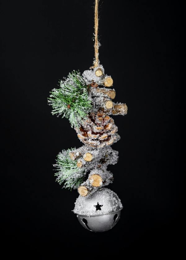 33cm Silver Hanging Christmas Decoration with Jingle Bells, Wooden Sticks, Pinecones and Berries image 1