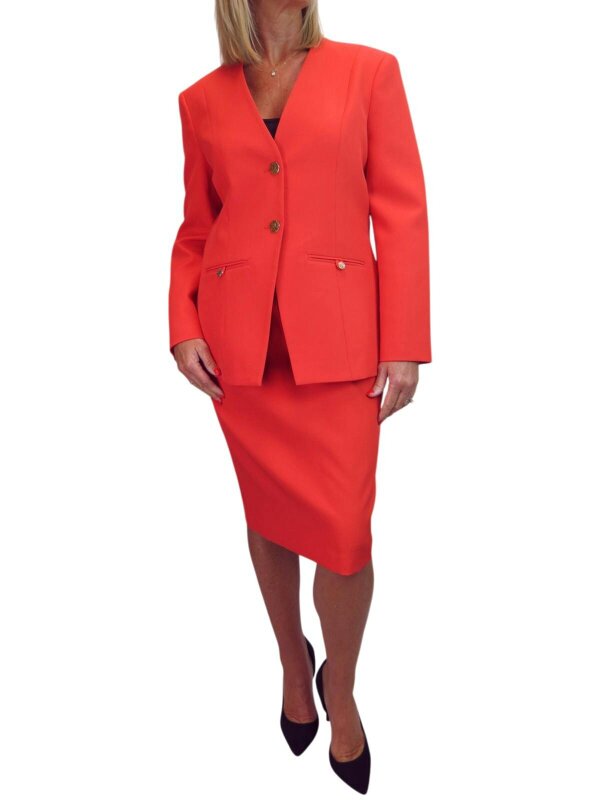 Paulo Due Women's 2 Piece V Neck Skirt Suit - Deep Coral