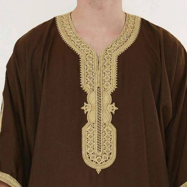 Men's Half Sleeve Embroidery Moroccan Thobe - Brown Beige - Thobez - 16
