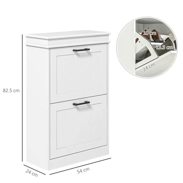 White shoe cabinet with two flip drawers and black handles; dimensions shown