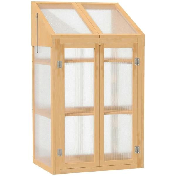 Wooden cold frame greenhouse with clear polycarbonate panels and double front doors