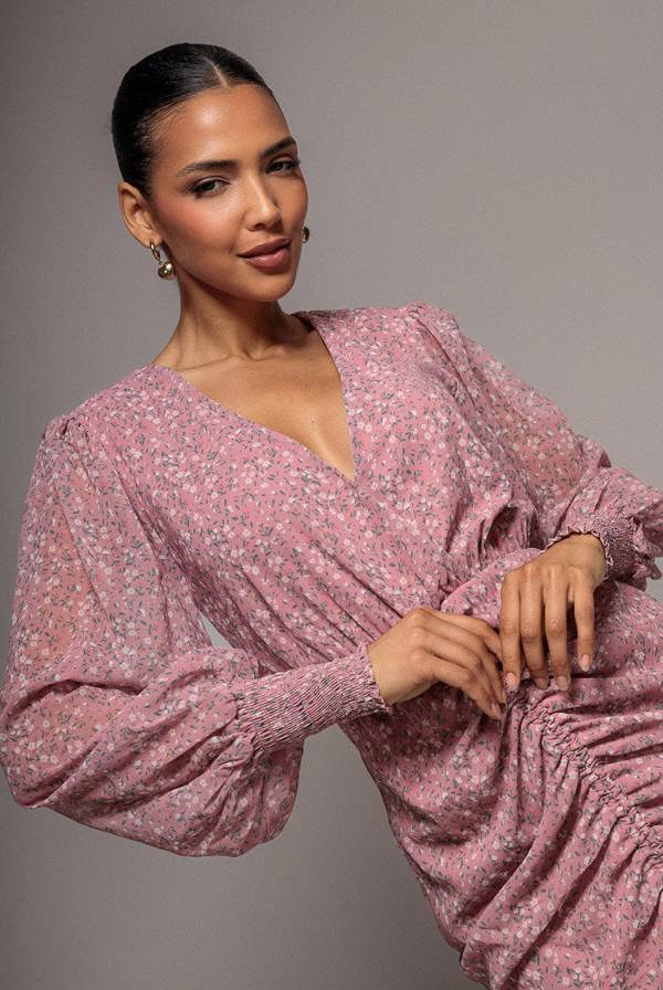 Printed Long Sleeve Drawstring Midi Dress - Dusky Pink DR3639