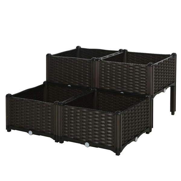 Dark brown elevated raised garden planter box with woven rattan sides and corner braces