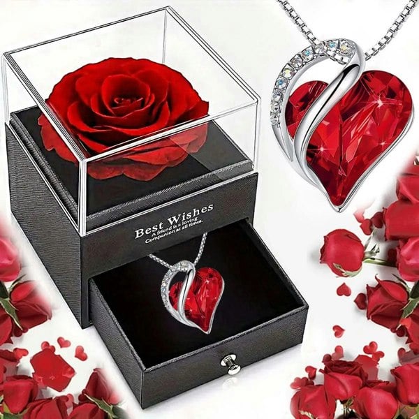 Valentine's Gift for Her - Ocean Heart Love Necklace with Eternal Rose Jewelry Box | Romantic Gift for Girlfriend, Wife, or Mother’s Day