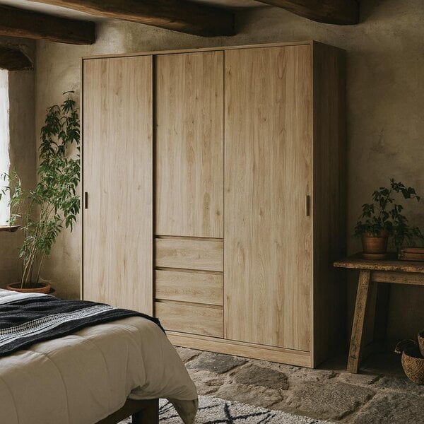 Wyld Haus Budapest Natural Oak Effect Wood Wardrobe 3 Doors 3 Drawers