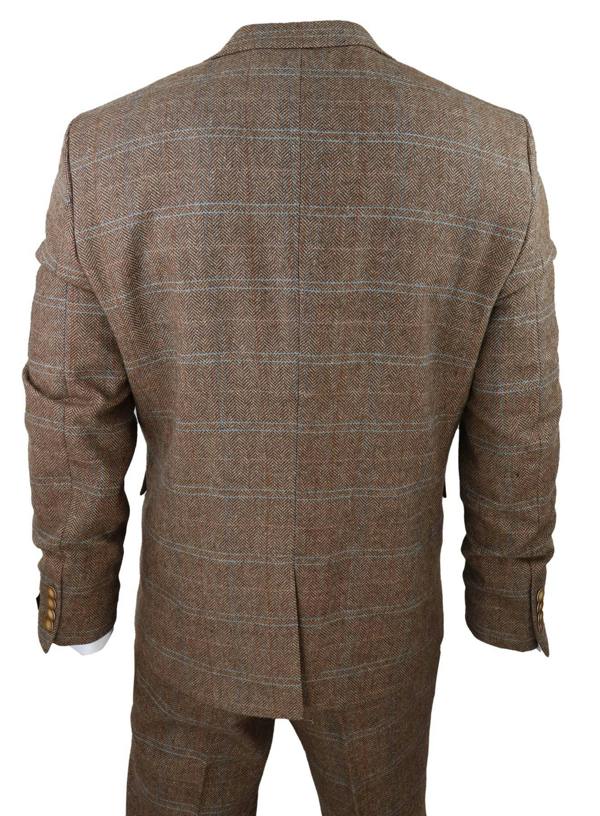 TruClothing Mens 3 Piece Wool Suit Oak Brown Tweed Herringbone Check Peaky Blinders Gatsby