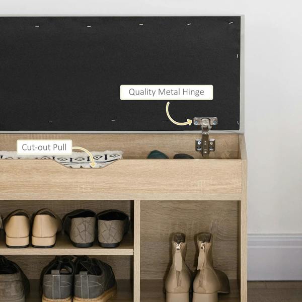 Oak-tone shoe cabinet bench interior with black lid, metal hinge, and cut-out pull