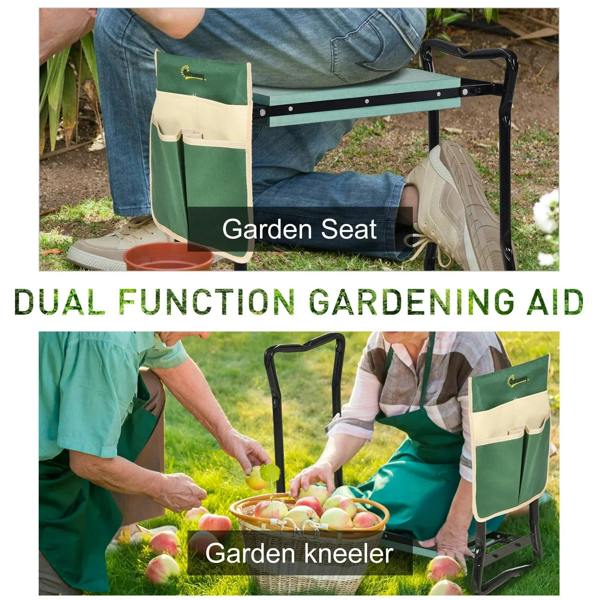 Green garden kneeler with beige tool bag pockets and cushioned seat