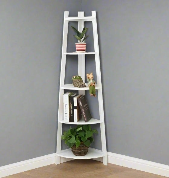 Modcraft 5-Tier White Corner Ladder Shelf – Modern Display Stand for Plants & Home Decor