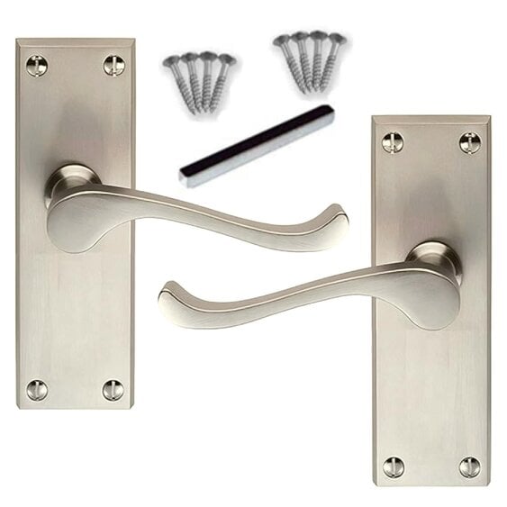 EDH Door Hardware Satin Nickel Victorian Scroll Door Handles – Modern Lever Latch Handles on Backplate – 118mm x 42mm