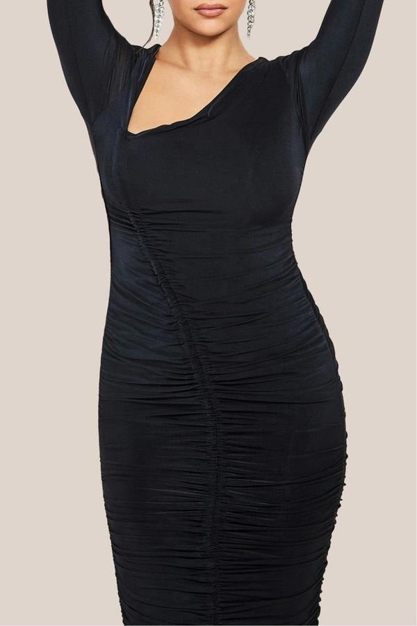 Asymmetrical Neck Ruched Midi Dress - Black DR3541
