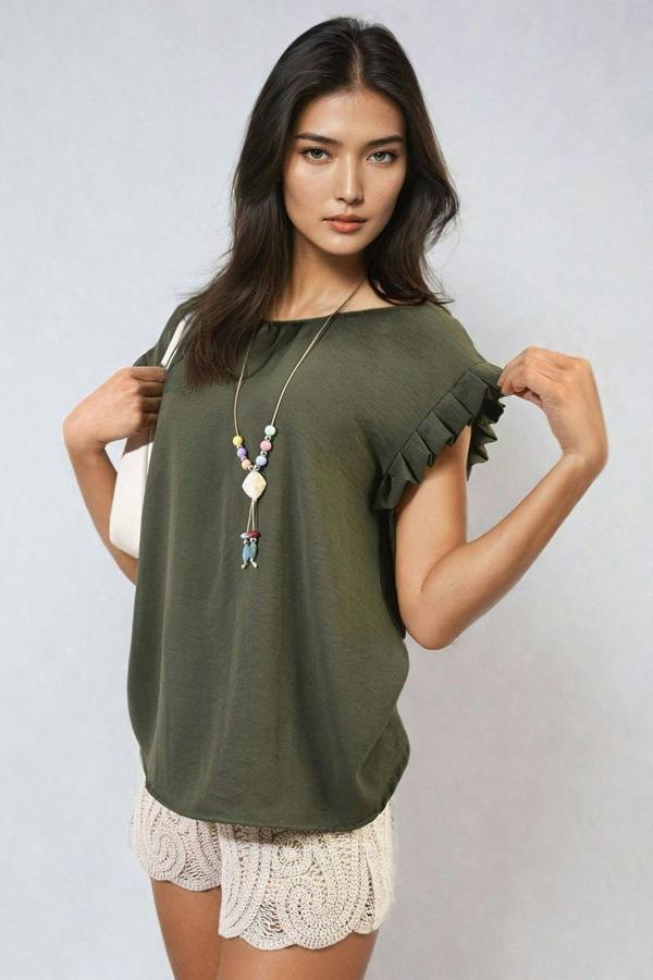 Vera Ruffle Trim Sleeve Top - Khaki