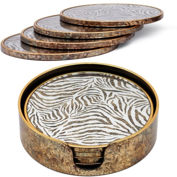 Maison des Cadeaux Set of 4 Zebra Print Round Drink Coasters with Holder