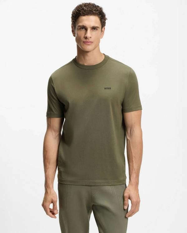 BOSS Green Tee Mens Stretch Cotton T - Shirt with Contrast Logo - Olive 257 | CHO | Designer Mens Logo T - Shirts