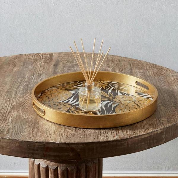 Maison des Cadeaux Round Decorative Gold Tropical Pineapple Serving Candle Drinks Tray