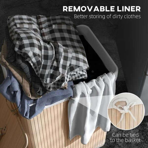 70L Collapsible Bamboo Laundry Hamper Organizer Clothes Washing Basket Bin Storage Box w/ Lid Removable Lining