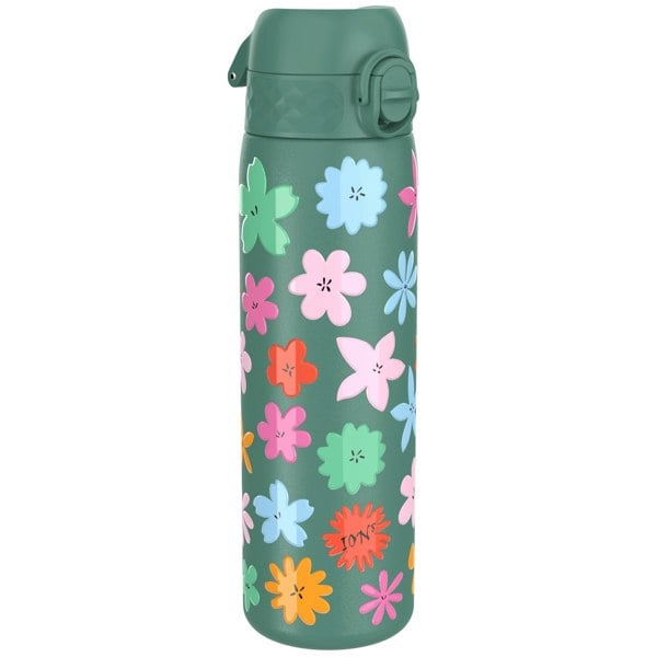 A teal water bottle, adorned with colorful flowers, stands against a white background. The bottle features a hinged lid. The word "IONS" is subtly printed near the base.