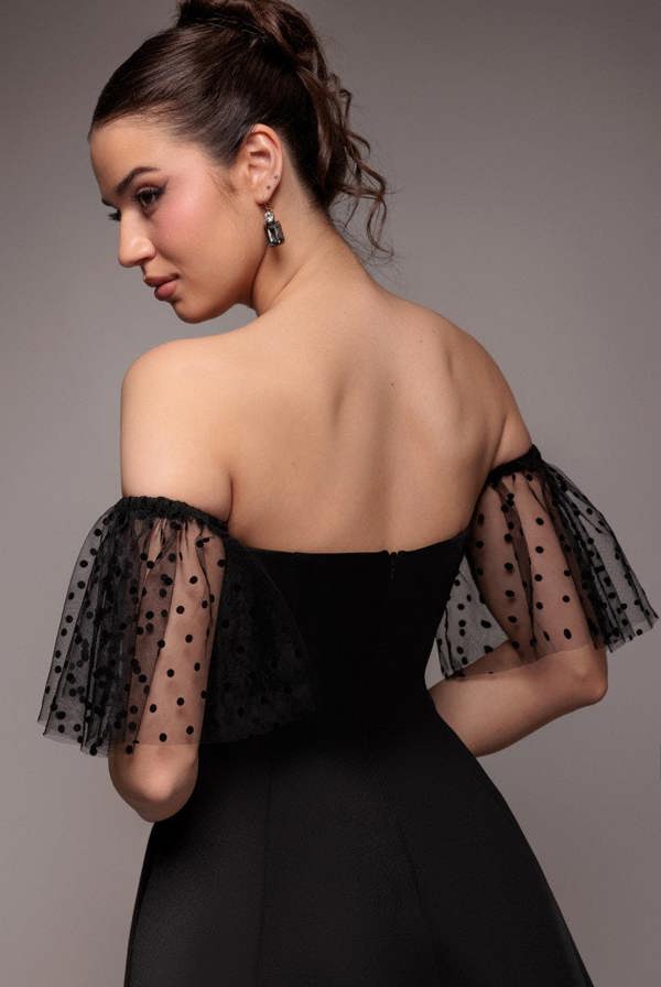 Scuba & Polka Mesh Off The Shoulder Midi Dress - Black DR5016