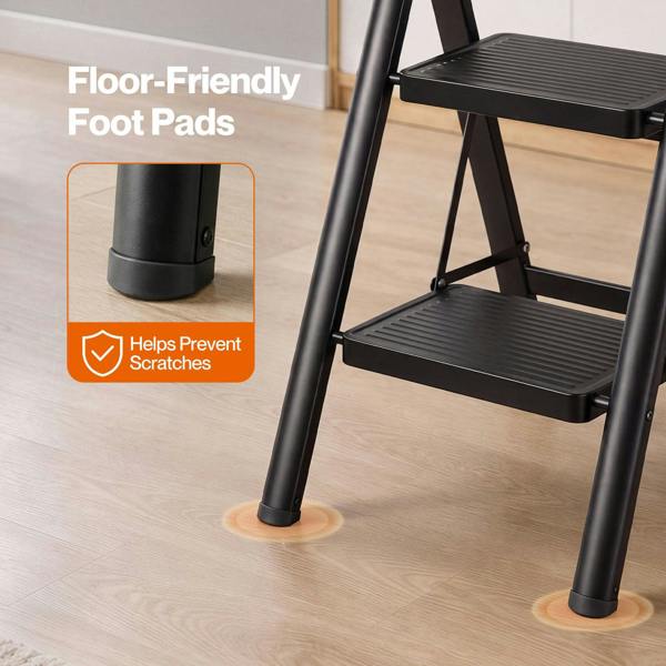Traderight Small Step Ladder Foldable 150KG Carbon Steel Kitchen Steps Black