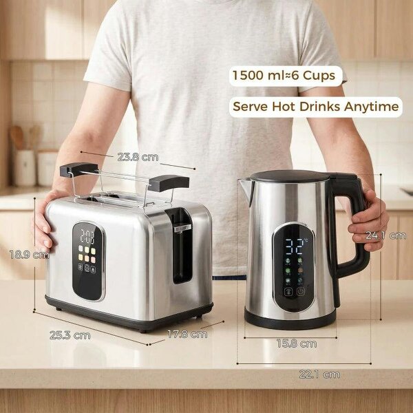 Kettle and Toaster Set with LED Touch Screen, Kettle with Strix Thermostat, 2 Slice Toaster w/ 6 Browning Levels, Silver