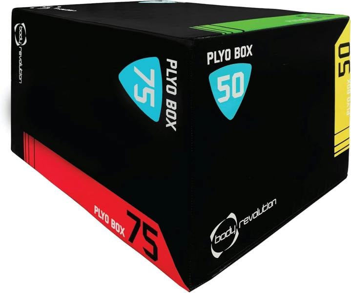 Large Body Revolution Plyo Box with black surface, colorful height indicators, and durable foam construction for safe workouts