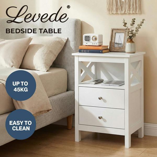 Levede Bedside Table Wood Nightstand Cabinet 2 Storage Drawers Open Shelf White