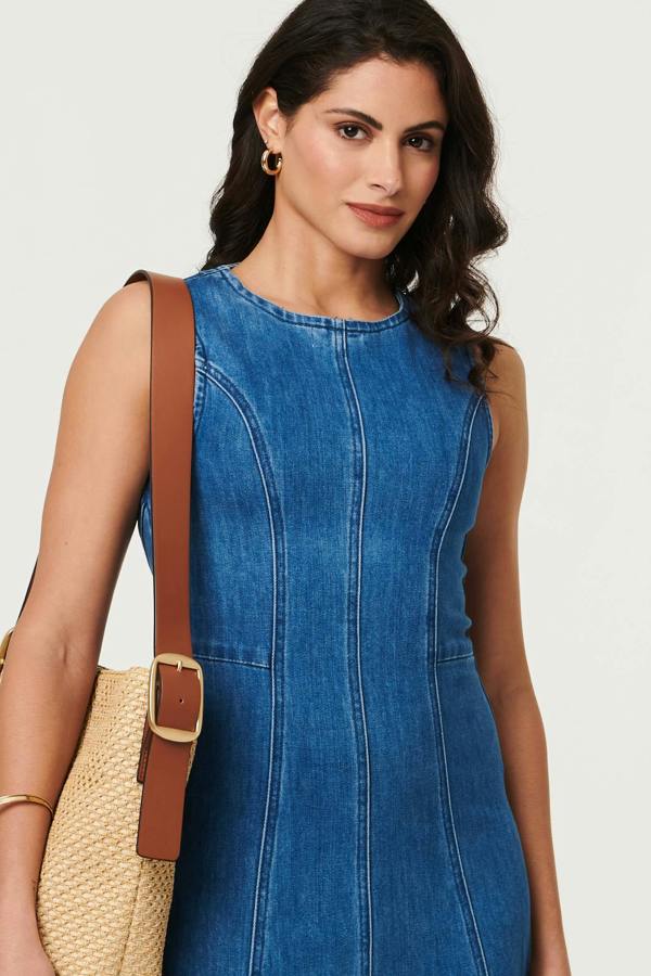 Light Blue | Denim Stitch Detail Fitted Midi Dress