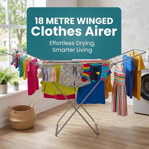 Laundry Mate Extendable Clothes Airer with Sock Clip 18M Drying Space Clothes Horse with Non-Slip Feet - Winged Foldable Laundry Rack