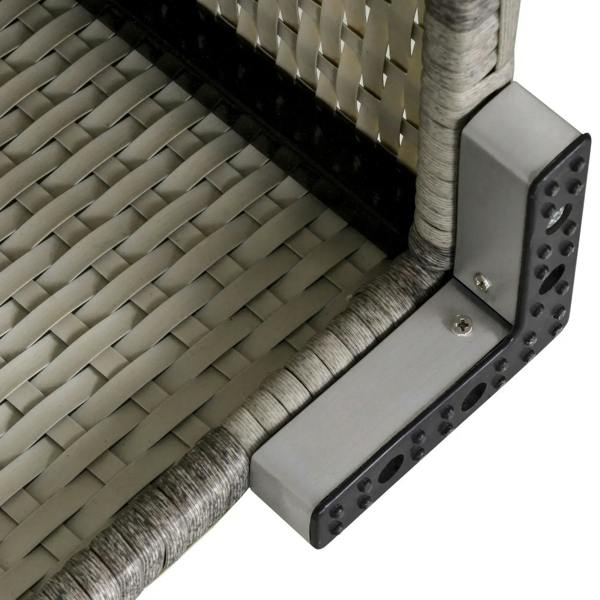 Close-up of light grey rattan corner sofa base with non-slip adjustable feet bracket.