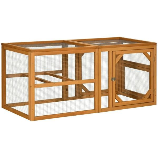 Wooden chicken coop run with mesh panels, interior perch bars, and side door frame