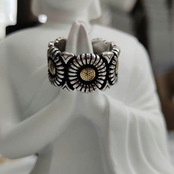 The Colourful Aura Silver Plated Vintage Sun Flower Daisy Wide Cuff Band Ring