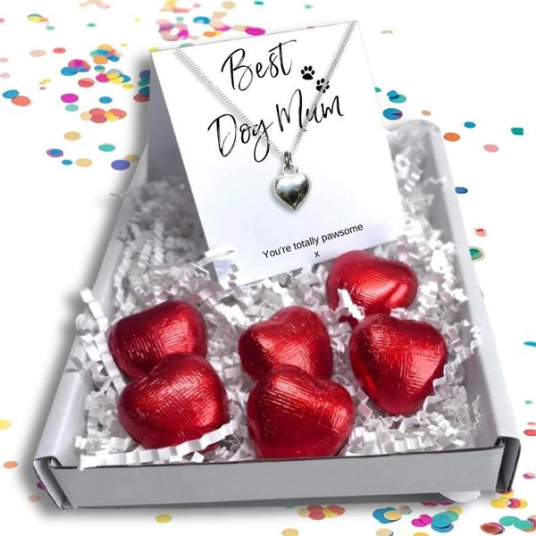 Aye Do Gifts Best Dog Mum Gift Box, Silver Heart Necklace & Chocolate Treats