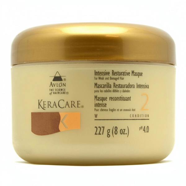 A container of KeraCare Intensive Restorative Masque, 227g size, designed for weak and damaged hair.