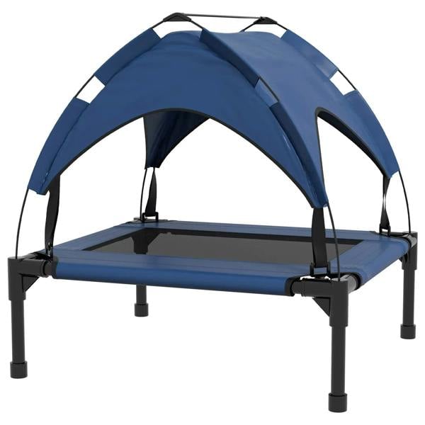 Dark blue elevated pet bed with arched canopy and breathable mesh side panels