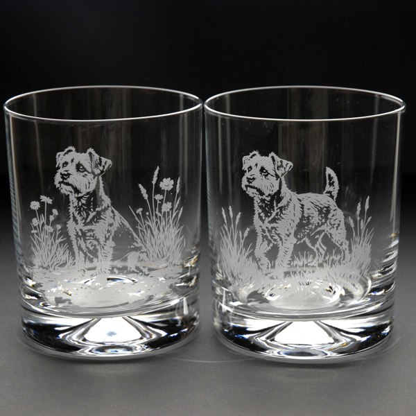 Glyptic Glass Art Border Terrier Dog Whiskey Tumbler Glass - Hand Etched/Engraved Gift