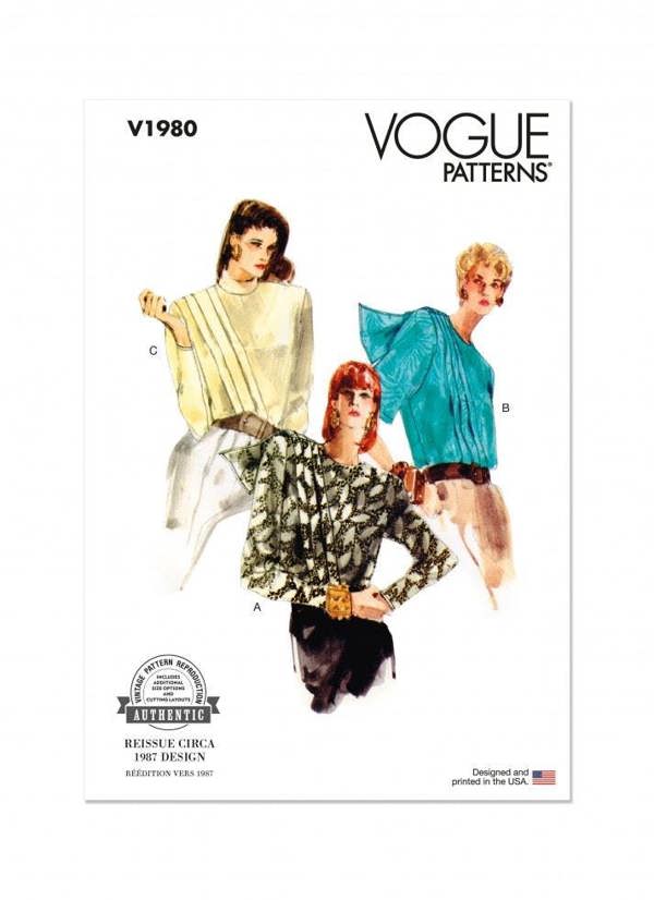 Vogue Sewing Pattern 1980, Tops, Vintage Style for Women, B5 (8-10-12-14-16) - Easy