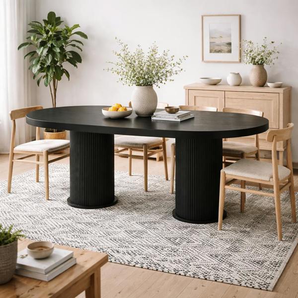 Wyld Haus Kanturk Black Wooden Dining Table Pedestal Ribbed Legs