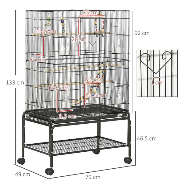 Black wire bird cage with stand, two-tier base and size measurement labels