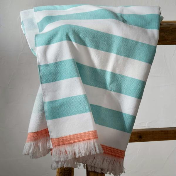 Aqua Striped Beach Towels - stripe, lightweight, bedroom detail | Soak and Sleep