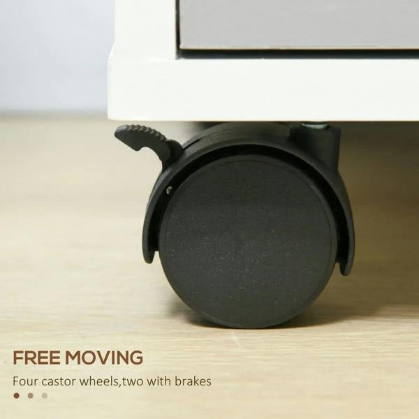 Black caster wheel under white and grey locking filing cabinet for easy rolling movement
