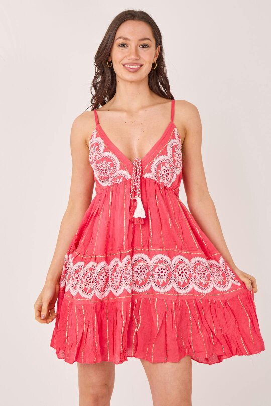 Elaina Fashion Bohemian Lace Detail Mini Dress - Onesize (8-14) - Coral