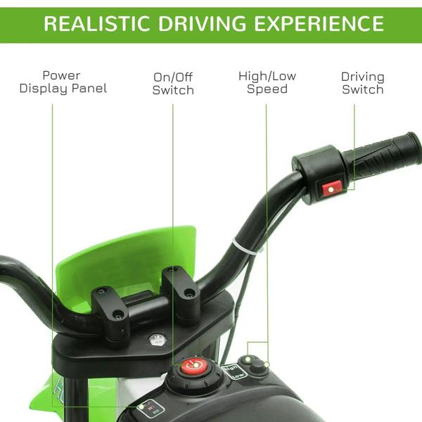 Green and white kids electric ride-on motorcycle handlebar controls with power buttons