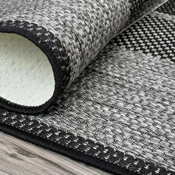 Non-Slip Grey Black Rug Geometric Border Design Flat Weave Kitchen Dining Room Living Room Area Mat