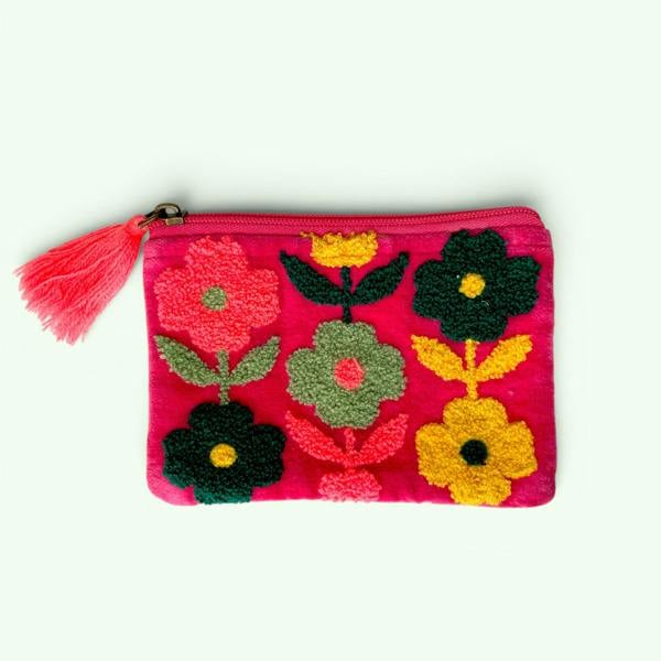 Hayley & Co Embroidered Velvet Coin Purse | Pop Floral in Bright Pink