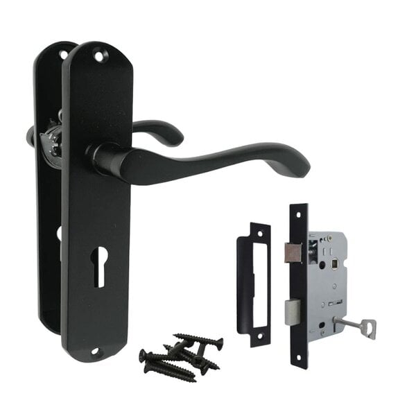 EDH Door Hardware EDH Cadenza Matt Black Victorian Scroll Door Handles – Lever Lock Backplate 178mm x 38mm - Lock Handle + 3 Lever Sash Lock