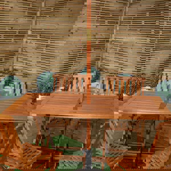 Samuel Alexander Outdoor 4 Person Folding Rectangular Wooden Garden Dining Table Chairs Cream Parasol and Base Set